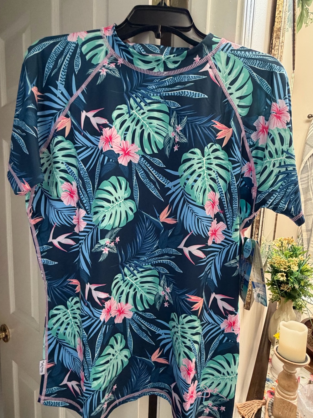 New: Panama Jack Tropical Floral Short Shirt - Navy with Mint & Pink